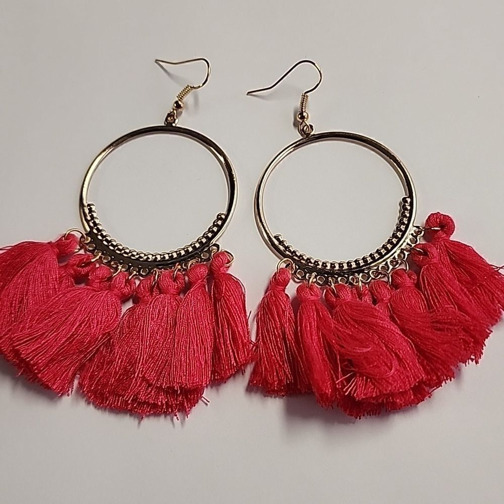 Pink Tassel Gold Tone Circle Bohemian Earrings Dangle Womens Jewelry Lightweight
